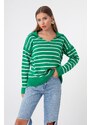 Lafaba Women's Green Shirt Collar Striped Knitwear Sweater