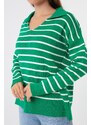 Lafaba Women's Green Shirt Collar Striped Knitwear Sweater