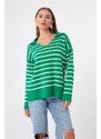 Lafaba Women's Green Shirt Collar Striped Knitwear Sweater