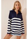 Happiness İstanbul Women's White Navy Blue Zippered High Collar Striped Oversize Knitwear Sweater