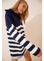 Happiness İstanbul Women's White Navy Blue Zippered High Collar Striped Oversize Knitwear Sweater