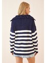 Happiness İstanbul Women's White Navy Blue Zippered High Collar Striped Oversize Knitwear Sweater