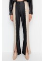 Trendyol Black Flare Woven Color Block Štěrbinové kalhoty z umělé kůže