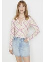 Trendyol Multi-colored Plaid/Check Crepe Knitted Blouse with Double Breasted Collar