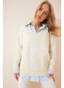 Happiness İstanbul Women's Bone V-Neck Oversize Knitwear Sweater