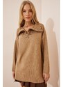 Happiness İstanbul Women's Biscuit Zippered Collar Oversized Knitwear Sweater
