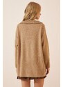 Happiness İstanbul Women's Biscuit Zippered Collar Oversized Knitwear Sweater