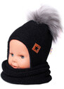 BABY NELLYS Zimní čepice s fleecem a chlupáčková bambule Star + komínek - černá