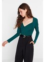 Trendyol Emerald Green Waistband Draped Detail Fitted/Situated Elastic Snaps Knitted Bodysuit