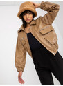 Fashionhunters Tmavě béžová krátká bunda z ekokůže s kapsami
