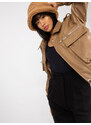Fashionhunters Tmavě béžová krátká bunda z ekokůže s kapsami