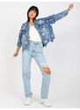 Fashionhunters Dámská modrá džínová bunda s potiskem a dírkami