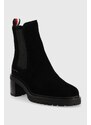 Semišové kotníkové boty Tommy Hilfiger Outdoor Chelsea Mid Heel Boot dámské, černá barva, na podpatku