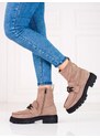Designové dámské kotníčkové boty hnědé na plochém podpatku