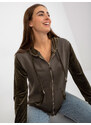 Fashionhunters Khaki dámská mikina na zip s velurovými vsadkami
