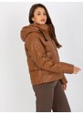 Fashionhunters Světle hnědá péřová bunda z umělé kůže s kapucí