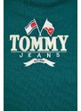 mikina Tommy Jeans dámská, zelená barva, s kapucí, s aplikací