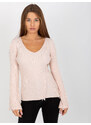 Fashionhunters Světle růžový žebrovaný klasický svetr s výstřihem