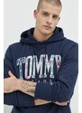 Bavlněná mikina Tommy Jeans pánská, tmavomodrá barva, s kapucí, s aplikací