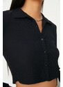 Trendyol Navy Blue Buttoned Fitted/Situated Polo Neck Crepe/Textured Crop Knitted Blouse