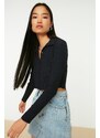 Trendyol Navy Blue Buttoned Fitted/Situated Polo Neck Crepe/Textured Crop Knitted Blouse