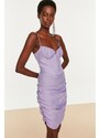 Trendyol Lilac Shirred Kostice Detailní Tkané Večerní Šaty