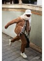 Trendyol velbloudí žebrovaná sametová péřová bunda s vysokým výstřihem