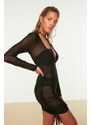 Trendyol Black Fitted Mini Knitted Gathered Mesh Beach Dress