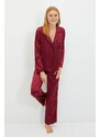 Trendyol Burgundy New Year Themed Embroidered Satin Shirt-Pants Woven Pajama Set