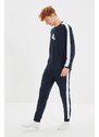 Trendyol Navy Blue Printed Striped Detailed Knitted Pajamas Set