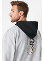 Trendyol Gray Oversize/Wide-Fit Hooded Text Printed Fleece Inside Sweatshirt