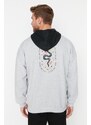 Trendyol Gray Oversize/Wide-Fit Hooded Text Printed Fleece Inside Sweatshirt