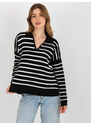Fashionhunters Černobílý oversize pruhovaný svetr s límečkem