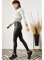 Olalook Women's Black High Waist Inner Fleece Matte Faux Leather Leggings