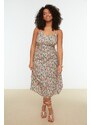 Trendyol Curve Beige Floral Patterned Woven Strap Dress