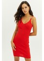 Cool & Sexy Women's Red Accessoried V-Neck Knitwear Midi Dress