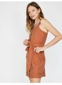 Koton Women's Brown Strap Button Detailed Jumpsuit with Waist Tie and Pocket Detail