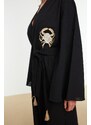 Trendyol Black Belted Midi Woven Embroidered 100% Cotton Kimono & Kaftan