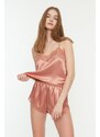 Trendyol Salmon Lace Detailed Satin Undershirt-Shorts Woven Pajamas Set