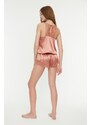 Trendyol Salmon Lace Detailed Satin Undershirt-Shorts Woven Pajamas Set