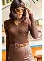 Olalook Women's Bitter Brown Zipper Turtleneck Lycra Blouse