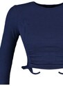 Trendyol Navy Blue Shirred Detailed Fitted Crop Crew Neck Ribbed Cotton Stretch Knit Blouse