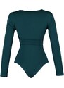 Trendyol Emerald Green Waistband Draped Detail Fitted/Situated Elastic Snaps Knitted Bodysuit