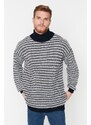 Trendyol Navy Blue Oversize Fit Turtleneck Striped Knitwear Sweater