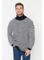 Trendyol Navy Blue Oversize Fit Turtleneck Striped Knitwear Sweater