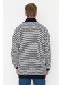 Trendyol Navy Blue Oversize Fit Turtleneck Striped Knitwear Sweater