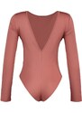 Trendyol Cinnamon Crew Neck Decollete Long Sleeve Elastic Snap Snap Knitted Body