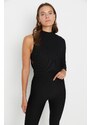 Trendyol Black Standing Collar With Cutout Detail Single Sleeve Ribbed Flexible Knitted Snap Button Body