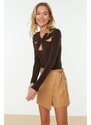 Trendyol Brown Cut Out and Gathered Detail Fitted Bodysuit with Elastic Snaps Knitted Body