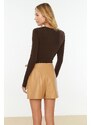 Trendyol Brown Cut Out and Gathered Detail Fitted Bodysuit with Elastic Snaps Knitted Body